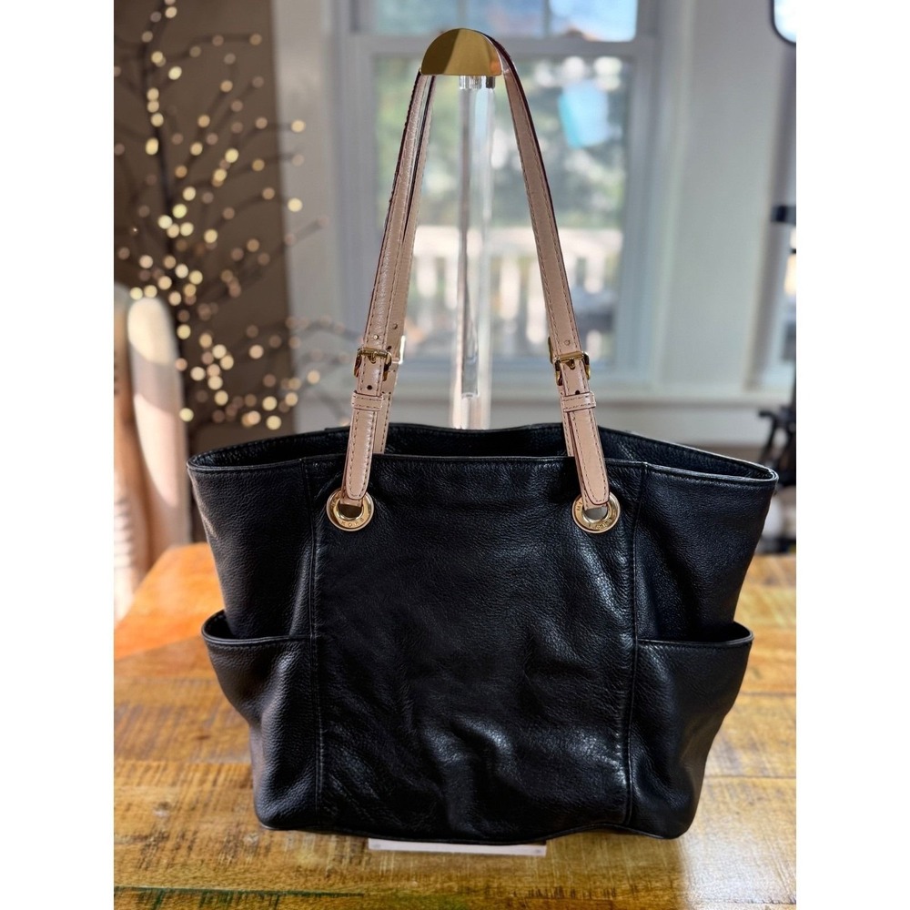 Michael Kors Bedford Black Pebbled‎ Leather Tote Bag Tan Straps Gold Hardware
